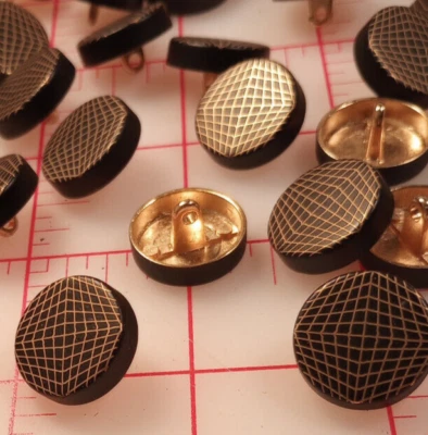 12 Fine Italian Black Enamel Curved Gold Lines Metal Round Shank Buttons LG 7/8" - Image 1 of 4