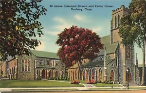 Chiesa episcopale di San Giacomo e casa parrocchiale Danbury CT~ 1940 CARTOLINA DI LINO VINTAGE - Foto 1 di 2
