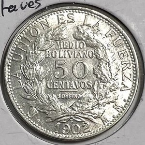 50 Centavos Bolivien 1902 vz/au Details .900 Welt Silbermünze - Bild 1 von 9