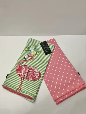 Max Studio Kitchen Towels Set of 2 Flamingo Flowers Embroidery Dotted 20” X 28” - Image 1 of 4