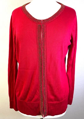 Cárdigan rojo Coldwater Creek con detalles de cuentas doradas, talla L Foto 1 de 4