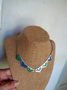 Vintage Necklace Alpaca Silver Inlaid Lapis Green Turq Mosaics Deco Style - Picture 1 of 17