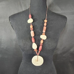 Boho klobig modern Holz und Stein Halskette 30" Leder Krawatte Neu ohne Etikett (NL-06) - Bild 1 von 7