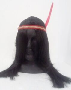 Long Black Indian Brave Wig with Feather Headband Pk 1
