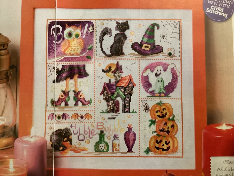 Halloween Sampler Pumpkin Ghost Witch Owl Cauldron Cat Cross Stitch Chart - Image 1 of 1