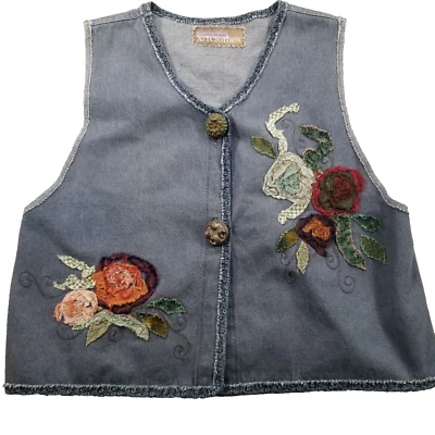 Jennifer Sly Kirk ArtClothes M/L Denim Appliqued Floral Vest Buttons Vintage Art - Image 1 of 4