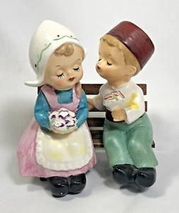 Salt & Pepper shakers Dutch Boy Girl on Bench Japan Wales with corks - Picture 1 of 14