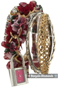 Ladies Gold-Silver Red-White Flowers 4 Band Bracelet Silver Watch Red Dial - Picture 1 of 12