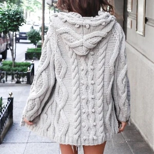 FIRST BORN KNITS Hand Knitted  'FRANKIE' Chunky Hooded Cable Cardi - Small  $899 - Picture 1 of 11