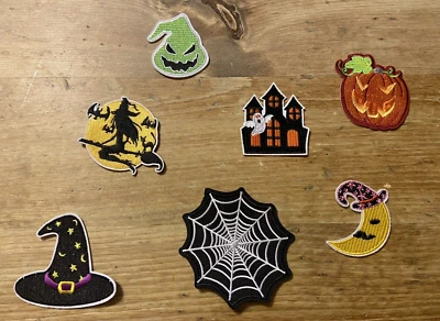Lot of 7 Halloween Patch Iron On Embroidered Applique Patches Pumpkin Witch Web - Image 1 of 4