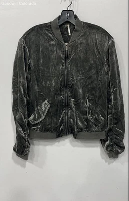 Free People Ruched Slate Grey Velvet Bomber Jacket - Size XS - Image 1 of 4
