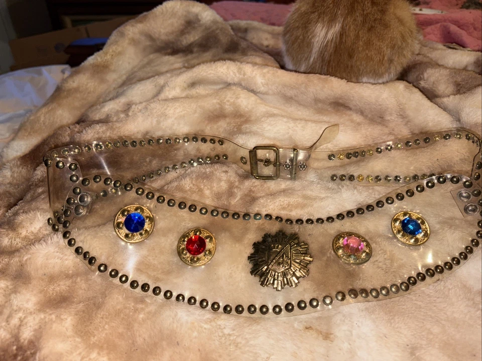 Vintage 70’s Or 80’s Clear Vinyl Rhinestone Belt With 4 Stone And 1 Large Brass - Image 1 of 4