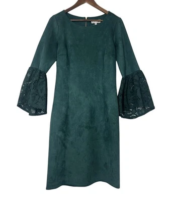 Vestido Nanette Lepore Imitación Gamuza Encaje Mangas Campana Vaina Midi Talla 8 en Verde Perenne Foto 1 de 4