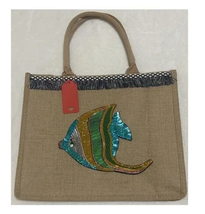 Bolso de Mano Yute Arpillera Natural/Asas de Algodón 12x5.5x15" Peces Finos y delicados - Imagen 1 de 9