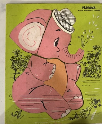 Vintage Green Playskool 275-36 Pink Elephant Wooden Puzzle - Image 1 of 4