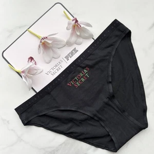 Victoria's Secret Stretch Cotton Smooth Bikini Panty Black Festive Logo - Picture 1 of 5