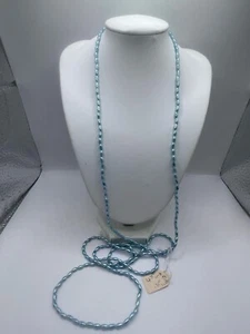 Vintage Aqua Blue Iridescent Faux Oval Bead Necklace 48" Length/ 0.11 Bead size - Picture 1 of 9