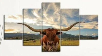 Multi Panel Print Texas Longhorn Canvas 5 Piece Picture Wall Art Farm Bull Cow - Image 1 of 4