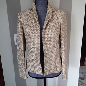 talbots blazer,JACKET 4 career,tweed open front italian fabric white tan gold ad - Picture 1 of 12