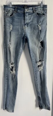 Boohoo Man 34 Straight Fit Blue Distressed Jeans Button Fly Ankle Zip With Belt - Image 1 of 4