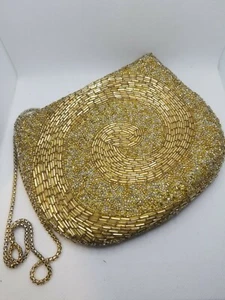 Retro Gold Glass Bead Purse Clutch Evening Wear - Picture 1 of 6