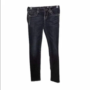 Women’s 26 x 32 Skinny Jean’s Miss Me Black Denim White Stitching 5 Pocket - Picture 1 of 5