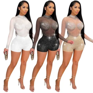 Mujeres Sexy Estrás Malla Transparente Mono Body Manga Larga Club Fiesta Mameluco - Imagen 1 de 15