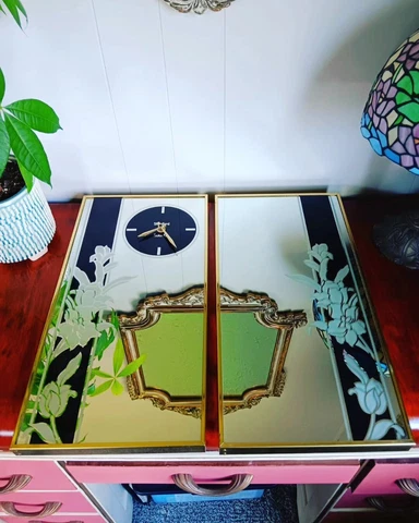 2 VINTAGE Hollywood Regency Art Deco Gold Etched Mirrored Wall Clock 20" x 10" Cover