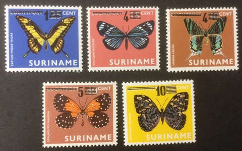 SURINAME 1977 BUTTERFLIES SURCH MNH SET OF 5 Cover