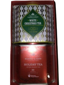 Harney & Sons 2 Tin White Christmas Holiday Tea Gift Set Red Box 60 Sachets Bags - Picture 1 of 7