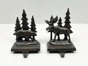 Pair Of Cast Iron Christmas Stocking Holders - Lodge-style Bear & Moose - Heavy - Picture 1 of 6