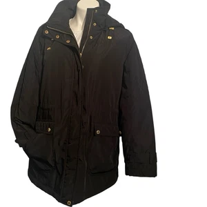 London Fog Women’s L Full Zip Black Jacket Quilted Trim/Lining Detachable Hood - Picture 1 of 16