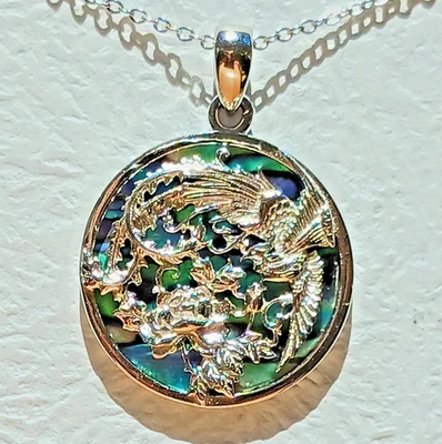 US Seller Solid Sterling Silver 925 & Abalone Vintage Floral Pheonix, 18" Chain - Image 1 of 4