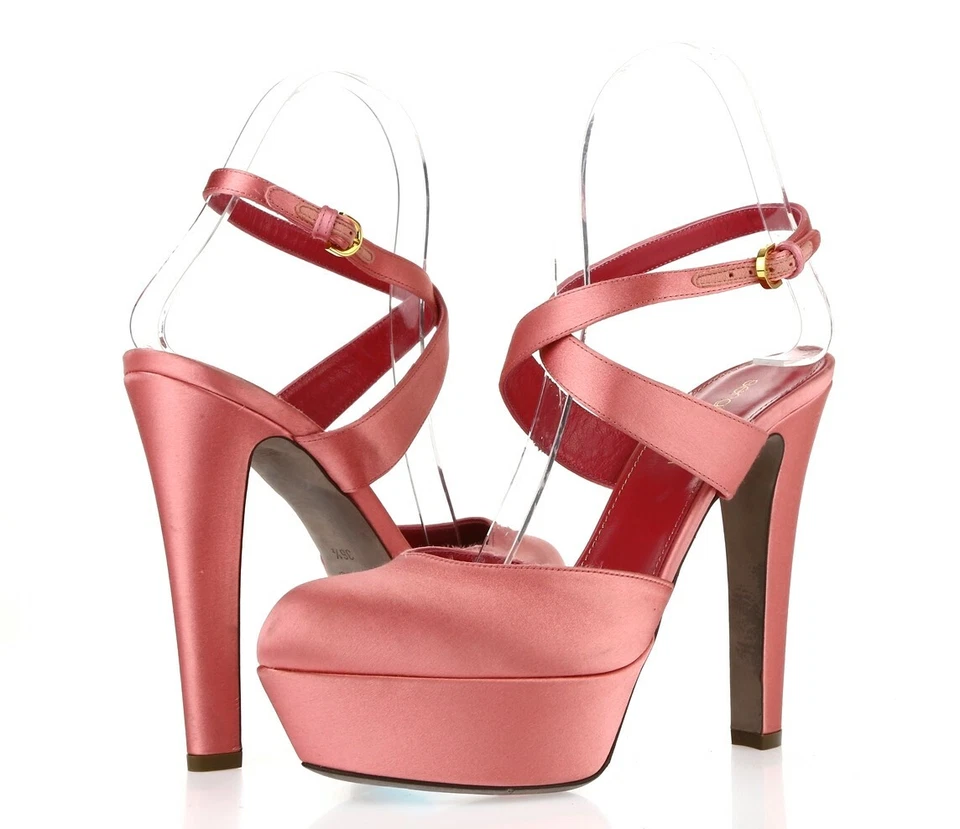 Womens SERGIO ROSSI Pink Satin Fabric Ankle Strap Platform Sandals Size 36.5 - Image 1 of 4