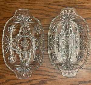 Set of 2 Identical Depression Cut Glass Divided Relish Trays Clear Oval Star - Picture 1 of 14
