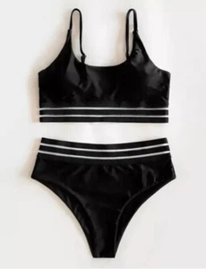Adisputent Womens High Waisted Bikini Set Sporty Crop Top Black Size XL Beach - Picture 1 of 5