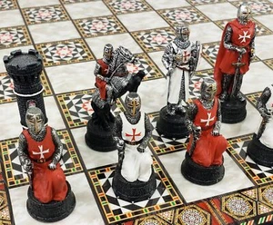 Medieval Times Crusade Red White Maltese Knight Chess Set w/ 17" Mosaic Color BD - Picture 1 of 8