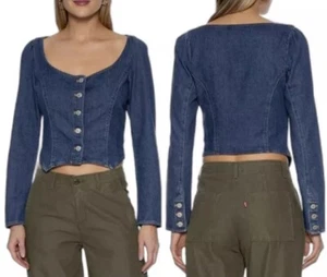 Levis Weston Denim Long Sleeves Corset Blouse Cropped Slim Fit Dark Blue S NWT - Picture 1 of 10