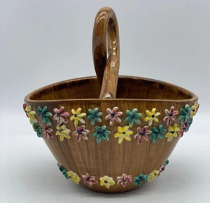 Italian Brown Ceramic Basket Applied Flowers Twisted Handle READ - Picture 1 of 11