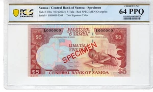 Samoa 2002 5 Tala Specimen PCGS Banknote UNC 64 PPQ Pick 33bs - Picture 1 of 2