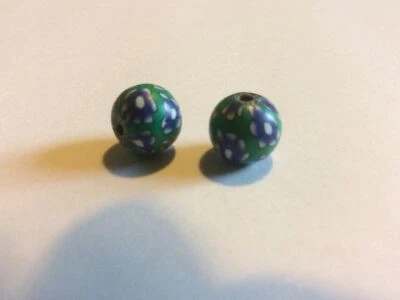 2 x 10mm green/white/blue round handmade polmer clay fimo beads hole 2mm - Image 1 of 4