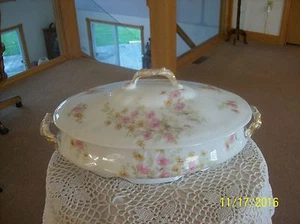 Limoges France Antique Porcelain China Covered Vegetable Yellow & Pink Floral - Picture 1 of 12