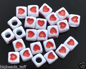 40 pcs acrylic beads with red heart, cube, white,  7 mm - Picture 1 of 1