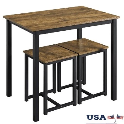 Industrial 3-Piece Dining Table Set Compact Rustic Kitchen Living Room Bar New - Image 1 of 4