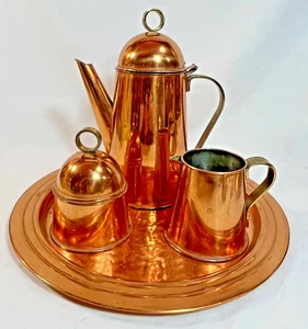 VTG MCM Copper Tea Set Creamer Sugar & Tray 4 Piece Art Deco 1970s Mexico - Picture 1 of 14