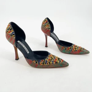 Manolo Blahnik Retro Multicolor Boucle Lizard Pointed Toe D'Orsay Pump IT 37 - Picture 1 of 11