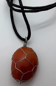 CARNELIAN GEMSTONE 20 x 25mm WIRE WRAPPED PENDANT 20" BLACK CORD NECKLACE - Picture 1 of 3