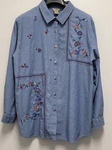 Vintage Teddi Womens Denim Shirt 2X Floral Embroidered Long Sleeve Metal Button - Picture 1 of 19