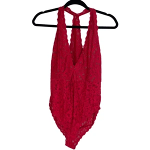 Free People Intimately Avery Red Floral Lace Plunging Racerback Bodysuit Size L - Picture 1 of 6