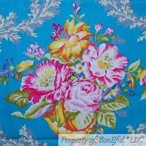 BonEful FABRIC FQ Cotton Quilt VTG Antique Blue Pink Yellow Large Flower Damask - Picture 1 of 12